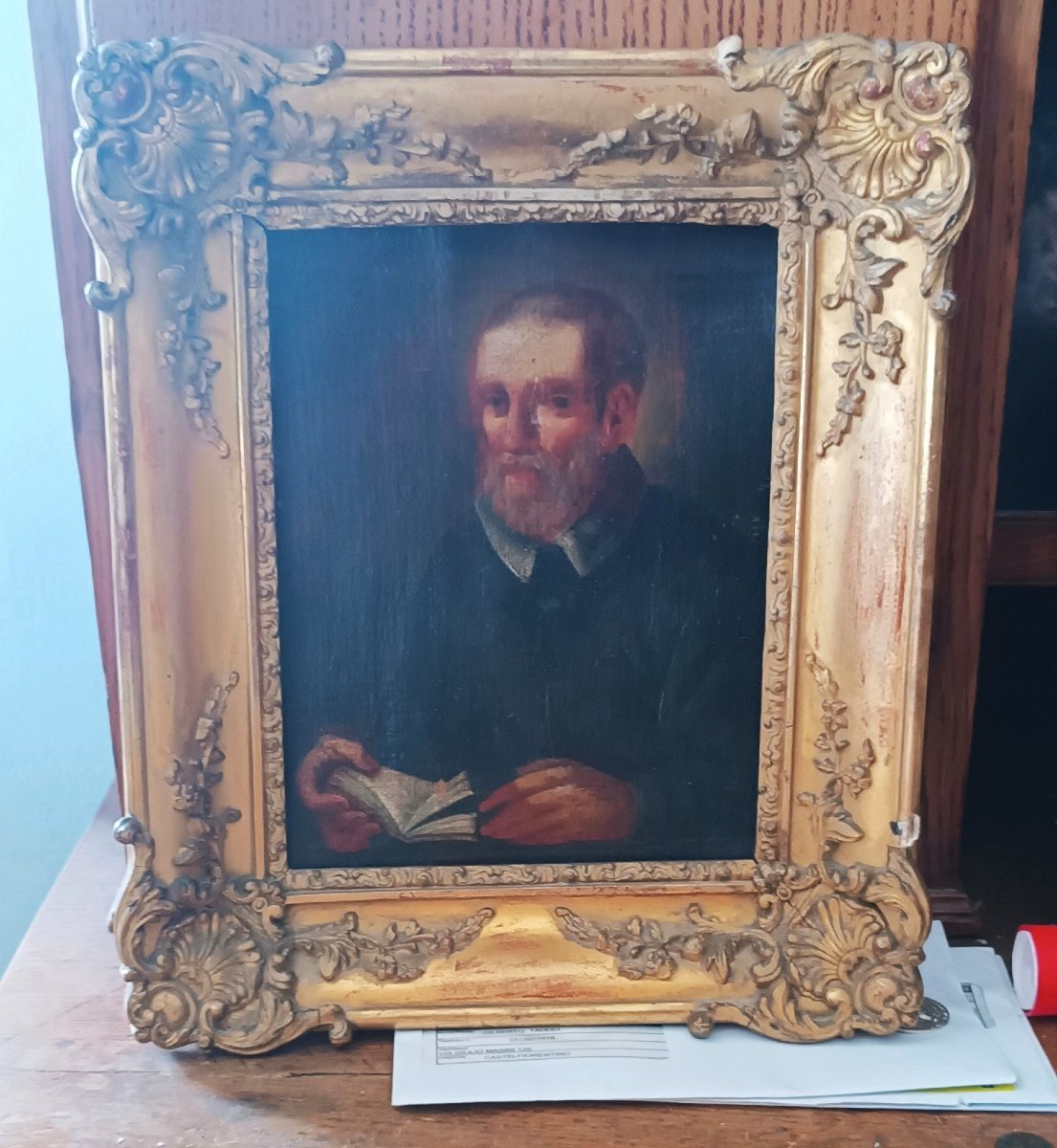 Antico dipinto con cornice raffigurante  San Filippo Neri