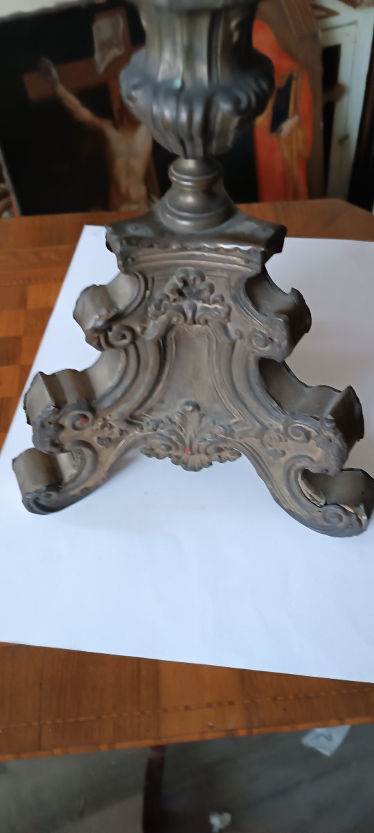 Grande candeliere antico in bronzo lamierino argentato XVIII secolo-photo-2
