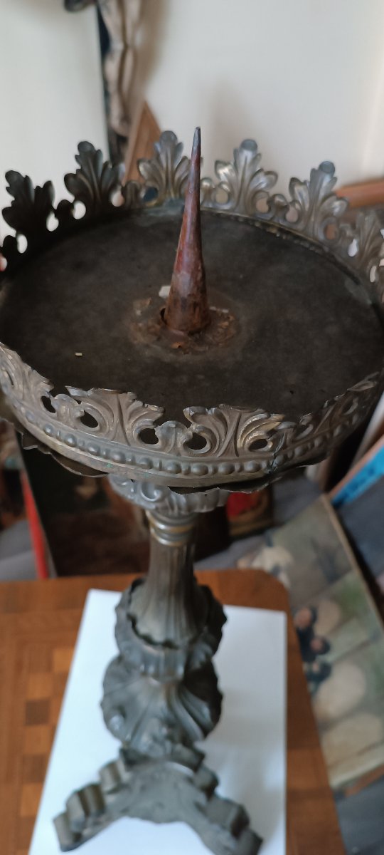 Grande candeliere antico in bronzo lamierino argentato XVIII secolo-photo-1