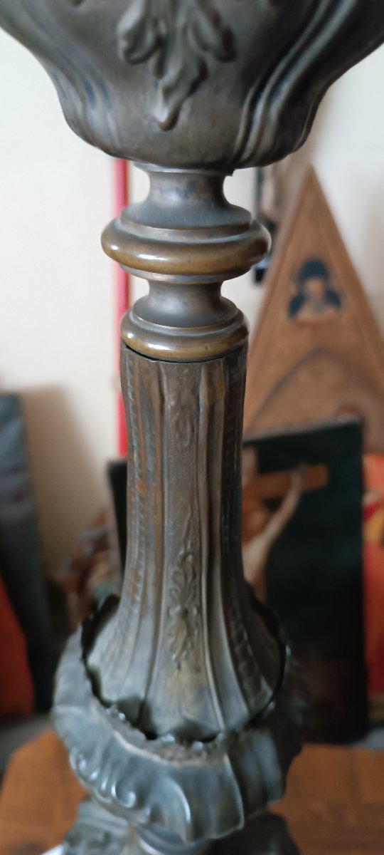Grande candeliere antico in bronzo lamierino argentato XVIII secolo-photo-4