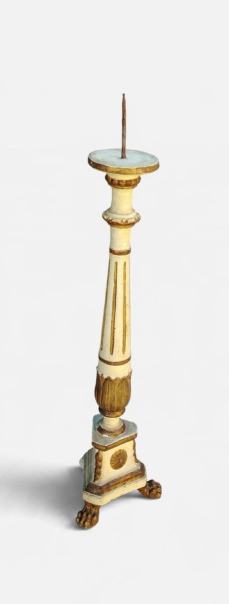 Grande  candeliere antico in legno intagliato, laccato e dorato-photo-2