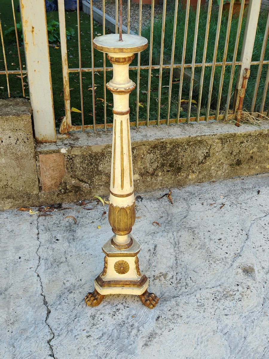 Grande  candeliere antico in legno intagliato, laccato e dorato-photo-5