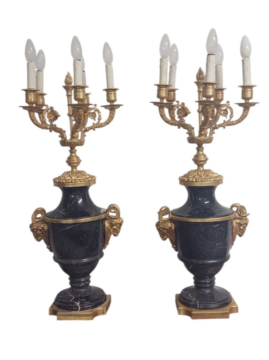 coppia di grandi candelabri  in marmo e bronzo  dorato H.70 CM-photo-7