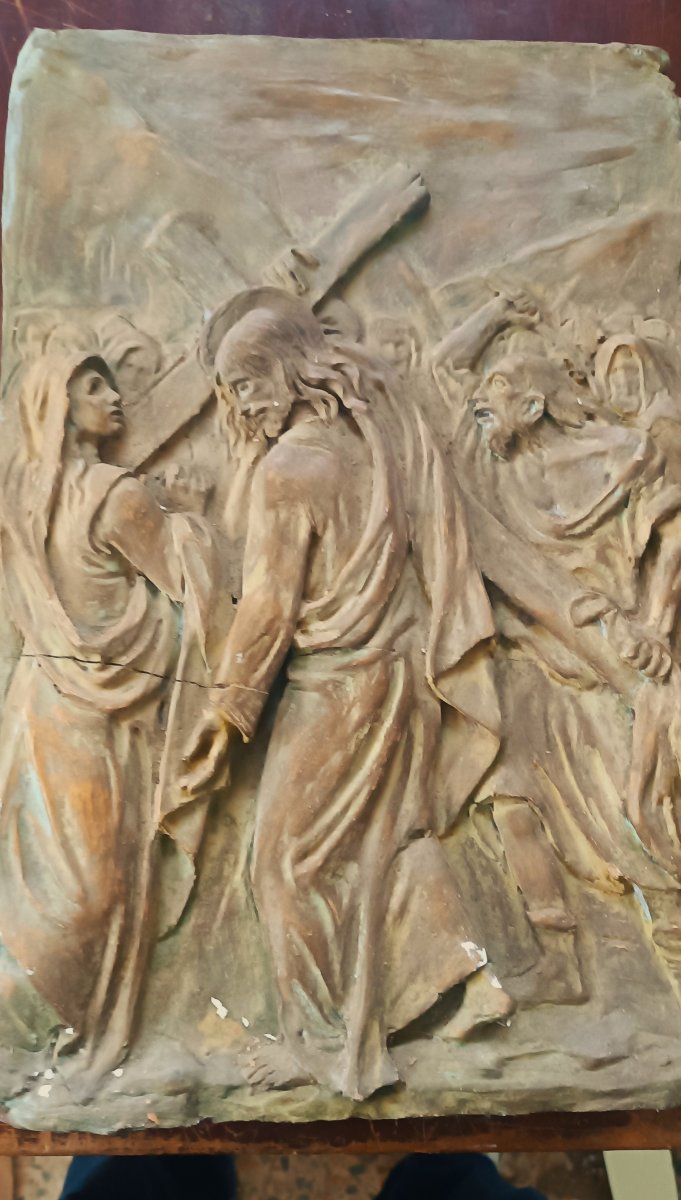 targa terracotta antica edicola bassorilievo cristo che porta la croce terracotta-photo-2