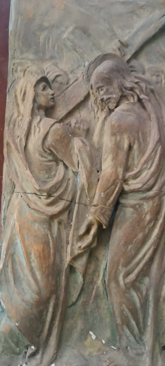 targa terracotta antica edicola bassorilievo cristo che porta la croce terracotta-photo-3