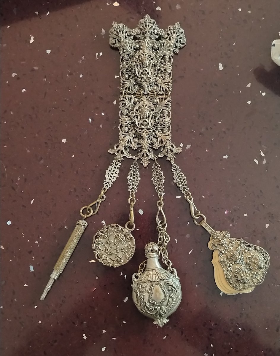 Chatelaine vittoriano in metallo argentato-photo-6