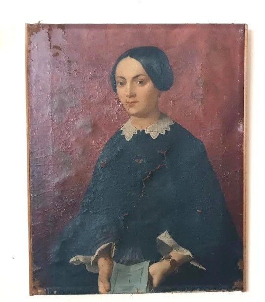 dipinto antico olio su tela meta' XIX Secolo scuola italiana-ritratto femminile-photo-3