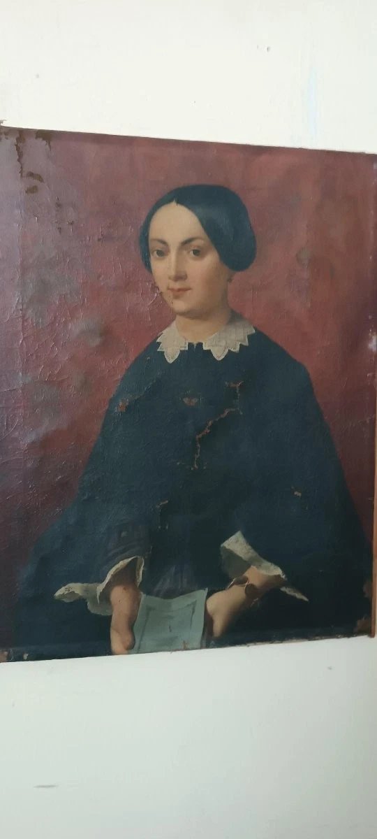 dipinto antico olio su tela meta' XIX Secolo scuola italiana-ritratto femminile-photo-7