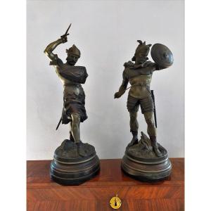 Coppia sculture in metallo -"guerrieri" Detrier