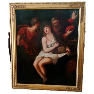 Dipinto Olio Su Tela "Susanna E I Vecchioni" fine   XVII Inizio XVIII Secolo