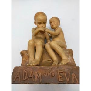 Friedrich Goldscheider, Adamo ed Eva, ceramica colorata, firmato Jaray