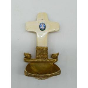 Croce Acquasantiera in avorio e bronzo dorato con smalto crocifissione