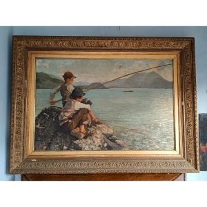 Grande olio su tela -Pescatori -Alfonso Muzii (Castellamare 1856-Pescara 1946) 195x145 cm