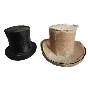 Cappello Cilindro Cavallino Con Custodia Cartone Antico XIX secolo