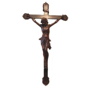 Grande cristo con croce in cirmolo XIX secolo