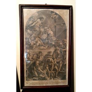 incisione del 700 "inc.JACOB FREY" SCENA BIBLICA SANTA PETRONILLA 1731