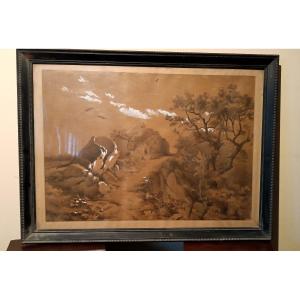 Grande dipinto paesaggio,tecnica mista biacca ,XIX secolo
