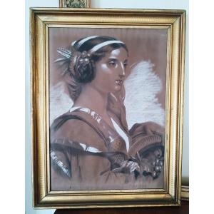 Dipinto a biacca XIX secolo Pastello a carboncino ,figura femminile
