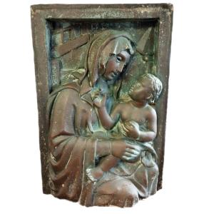 Grande altorilievo in bronzo -Targa fine XIX secolo-Madonna con bambino