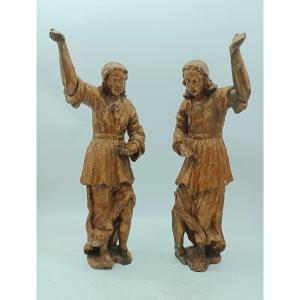 Antica Coppia sculture legno dorato angeli 