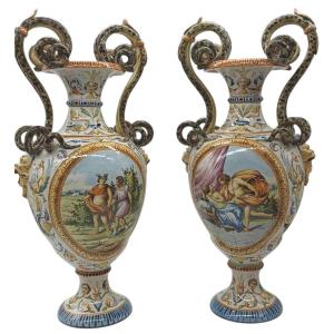  ANTICA XIX sec COPPIA VASI DIPINTI  DI MAIOLICA MANIFATTURA MOLLICA