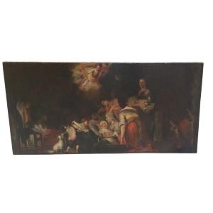 GRANDE DIPINTO XIX SECOLO  NATIVITÁ CON PERSONAGGI  OLIO SU TELA  150 CM