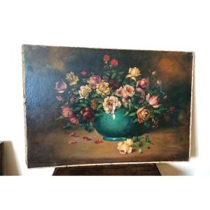 Grande dipinto olio su tela -Vaso con fiori -natura morta -fine 800 Italia