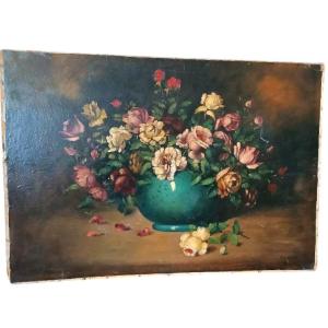 Grande dipinto olio su tela -Vaso con fiori -natura morta -fine 800 Italia