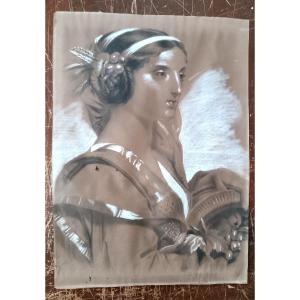 Ritratto femminile disegno carboncino biacca matita firmato Borsa fine 800 - 60 cm x 42 cm
