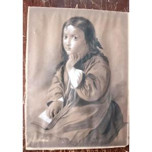 Ritratto femminile disegno carboncino biacca matita firmato Borsa fine 800 - 60 cm x 42 cm