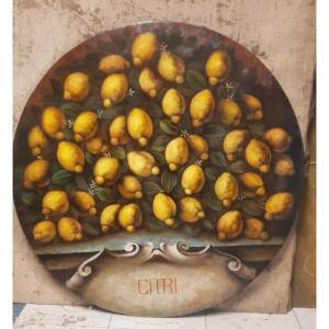 Dipinto olio su tela, limoni ,stile XVII secolo , pittore italiano -diametro 100 cm