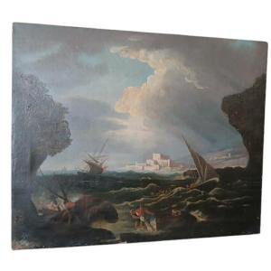 Dipinto olio su tela Fine XVII secolo -scuola fiamminga- Navi in tempesta