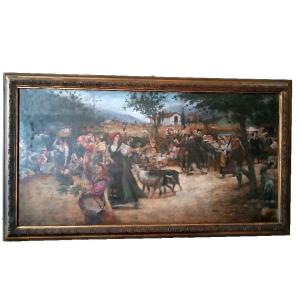 Grande olio su tela primi 900 raffigurante festa paesana del sud italia-
