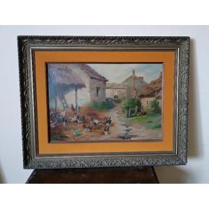 Dipinto olio su tela Edmond Van Coppenolle (1846-1914) Paesaggio Con Galline