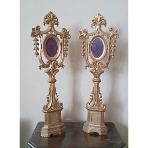 Grande coppia di reliquiari in legno dorato-stile neogotico -h.80 cm