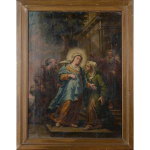 Dipinto olio su tela antico scuola italiana XVIII secolo -Visitazione