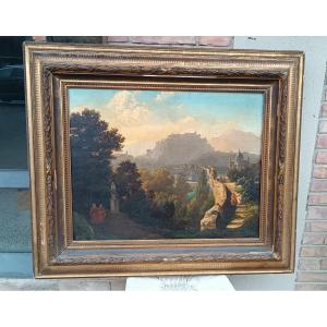 Grande dipinto olio su tela veduta di salisburgo XIX secolo