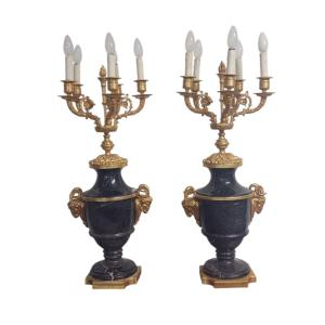 coppia di grandi candelabri  in marmo e bronzo  dorato