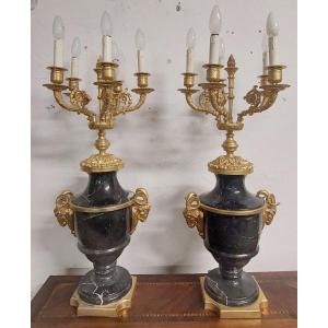 coppia di grandi candelabri in marmo e bronzo dorato H.70 CM