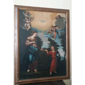 Dipinto antico olio su tela madonna con bambino e angeli XVIII secolo