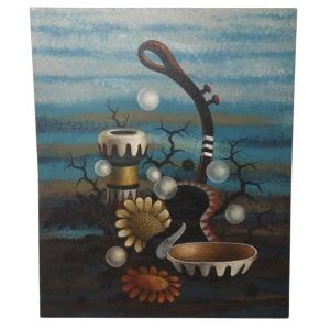 GRANDE OLIO SU TELA SURREALISTA  DEL PITTORE  GIANFRANCO  RONTANI .misura 118 x 97 cm -