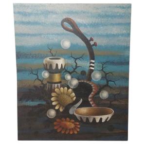 GRANDE OLIO SU TELA SURREALISTA  DEL PITTORE  GIANFRANCO  RONTANI .misura 118 x 97 cm -
