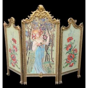 PARAVENTO LIBERTY LEGNO DORATO DIPINTO ANTICO ORIGINALE ART NOUVEAU