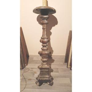 GRANDE CANDELIERE LEGNO ARGENTATO XVIII SECOLO ELETTRIFICATO LAMPADA DA TERRA