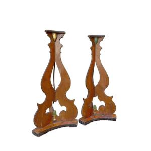 Grande coppia di candelieri , basi , treppiedi in legno dipinto , di fine '700 primi 800 