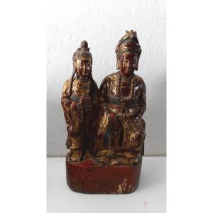 Guanyn e arath,  antica scultura in legno intagliata , Cina epoca qing
