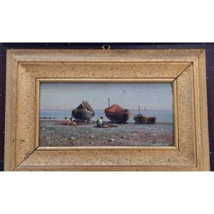 dipinto antico su tavola Napoli Augusto Corelli ((Roma 1853 - 1918 ) pescatori