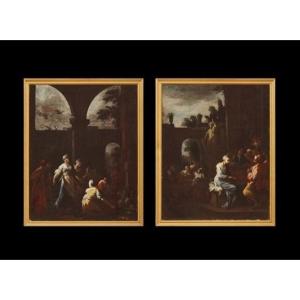 Antica coppia dipinti - scene di genere -Camillo Sagrestani ( Firenze 1660-1731)