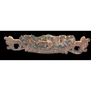 antica scultura , chiave di carretto siciliano  in legno LA GRANDE BATTAGLIA DI PARIGI