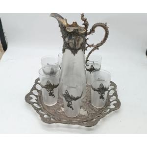 Vassoio con caraffa e 6 bicchieri vetro e metallo argentato periodo art noveau